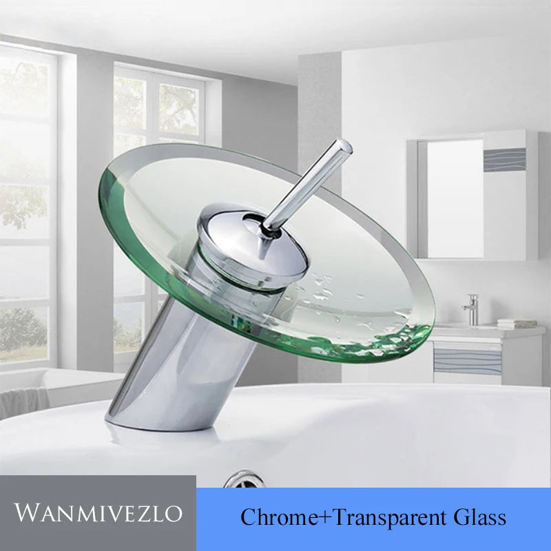 Glass waterfall bathroom faucet with round glass spout and chrome finish