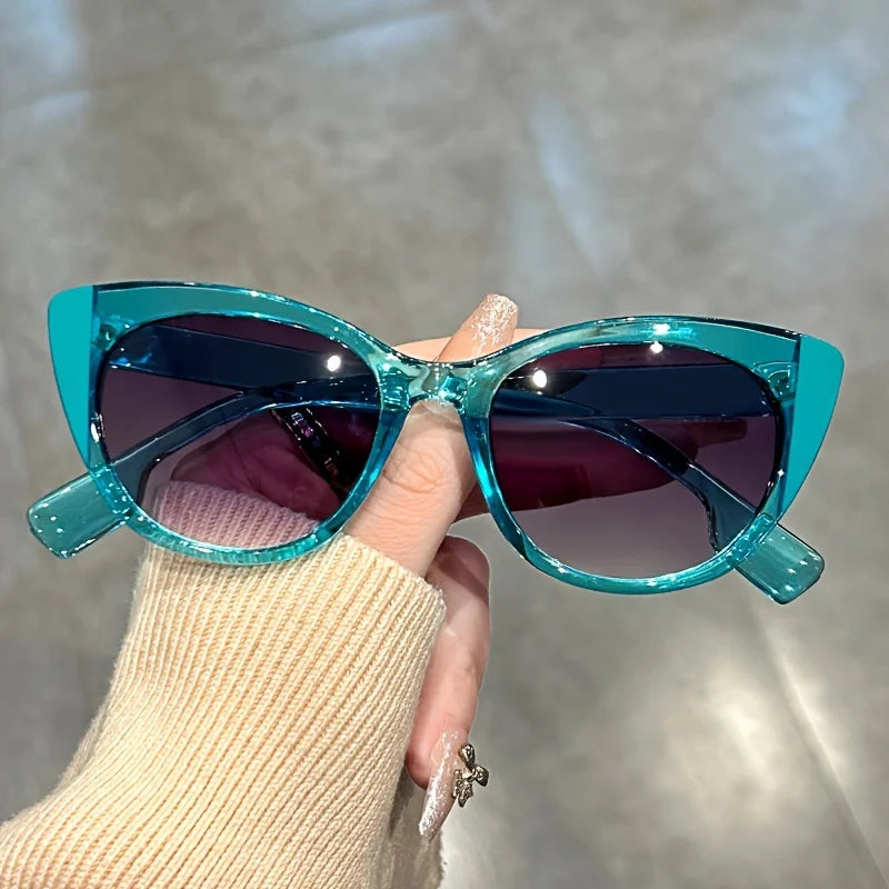 Transparent blue Glossy Color-Block Gradient Cat-Eye Sunglasses