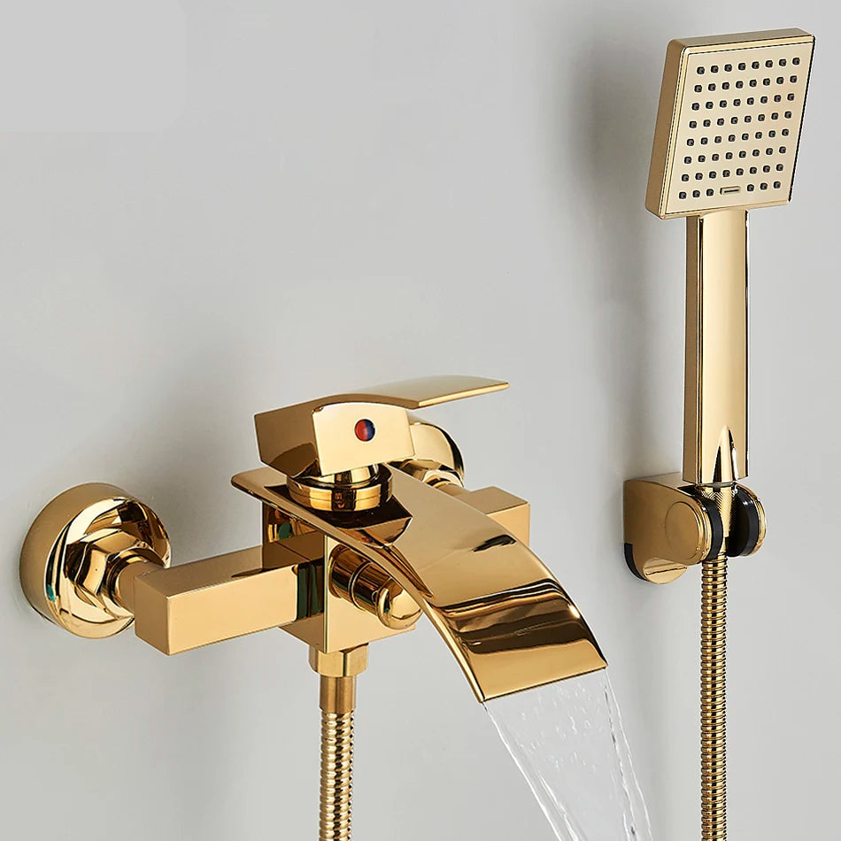 Wall-mounted waterfall bathtub faucet with chrome shower set