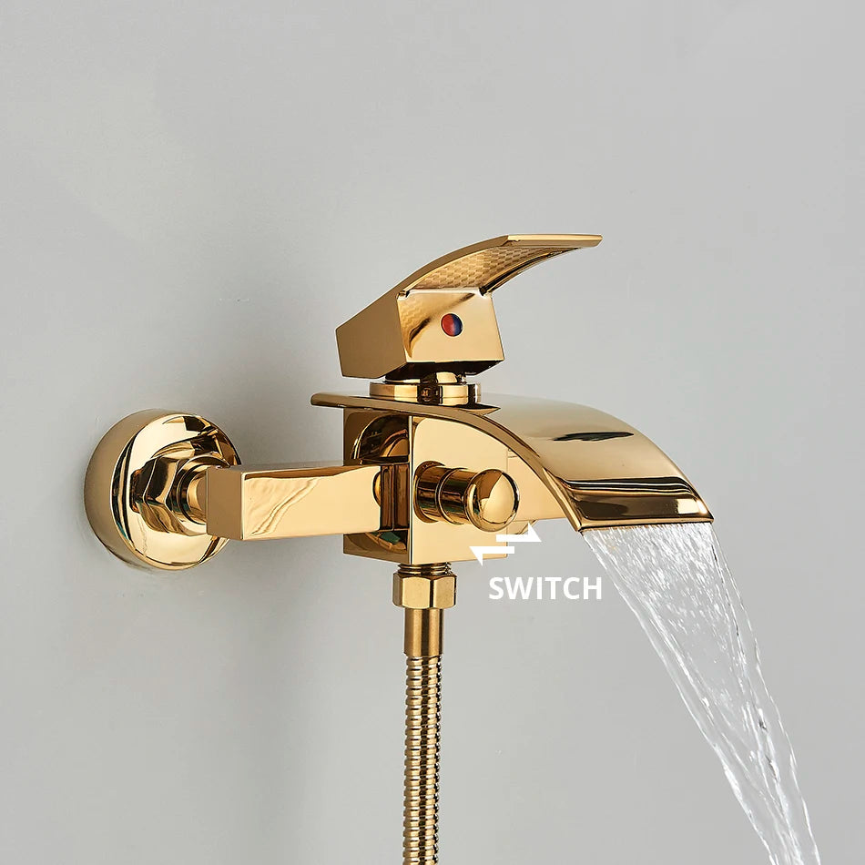 Wall-mounted waterfall bathtub faucet with chrome shower set