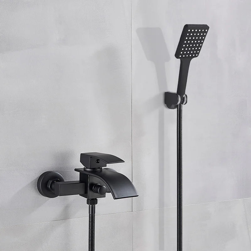 Wall-mounted waterfall bathtub faucet with chrome shower set