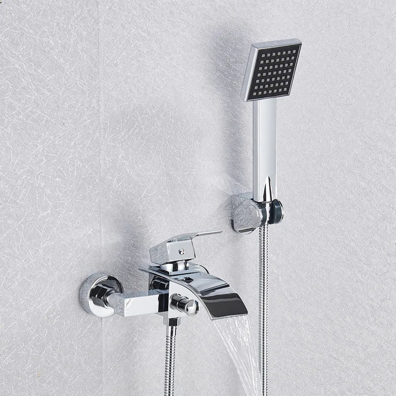 Wall-mounted waterfall bathtub faucet with chrome shower set
