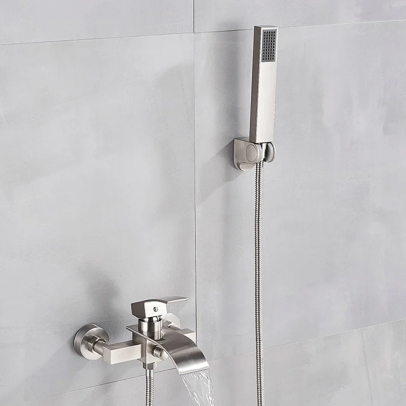 Wall-mounted waterfall bathtub faucet with chrome shower set