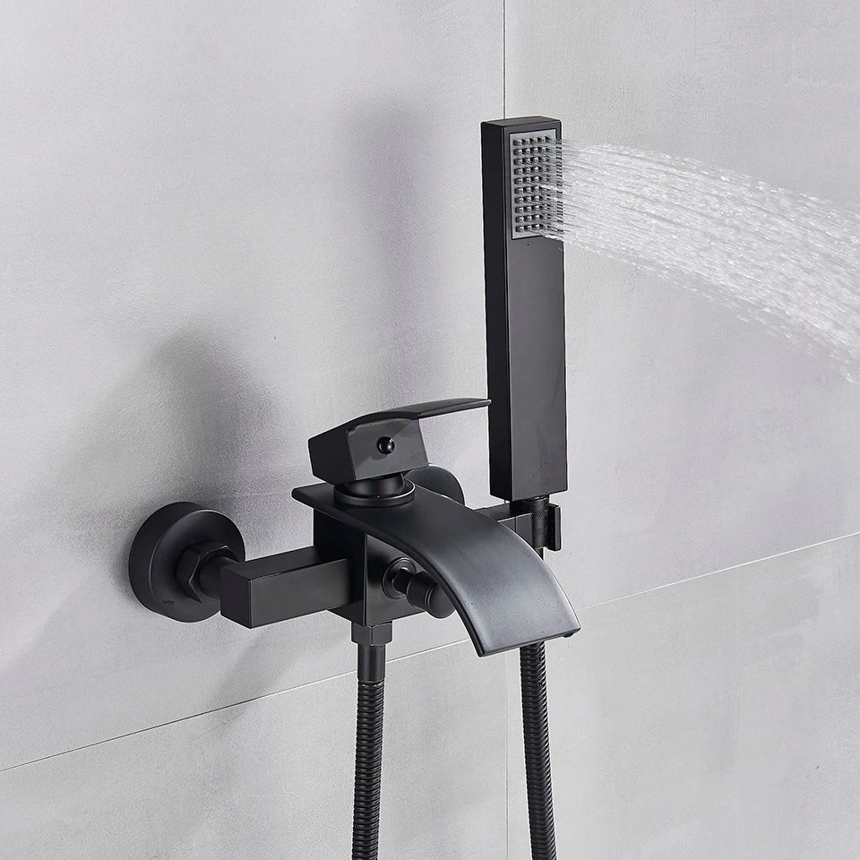Wall-mounted waterfall bathtub faucet with chrome shower set