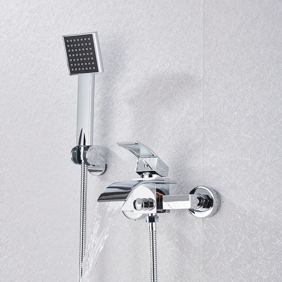 Wall-mounted waterfall bathtub faucet with chrome shower set