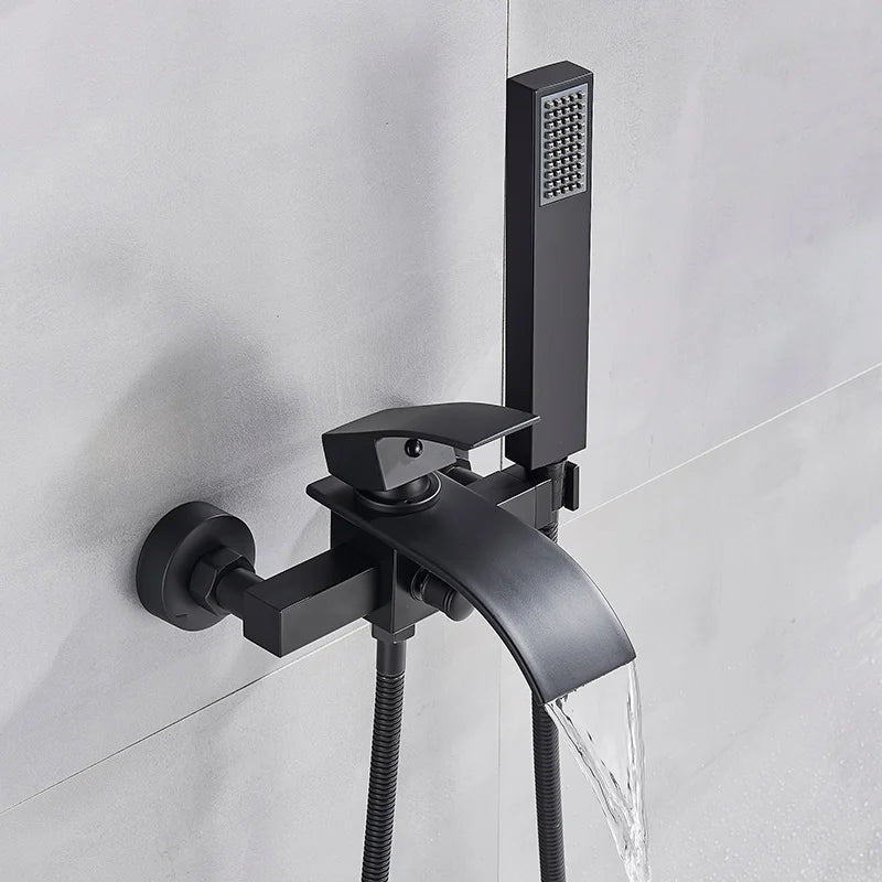 Wall-mounted waterfall bathtub faucet with chrome shower set
