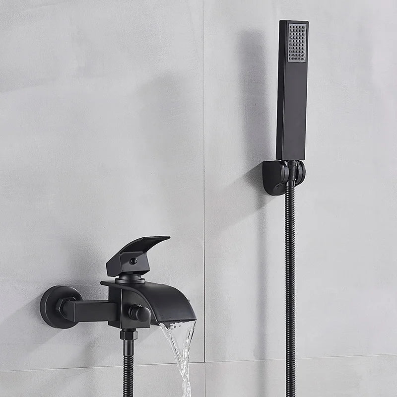 Wall-mounted waterfall bathtub faucet with chrome shower set