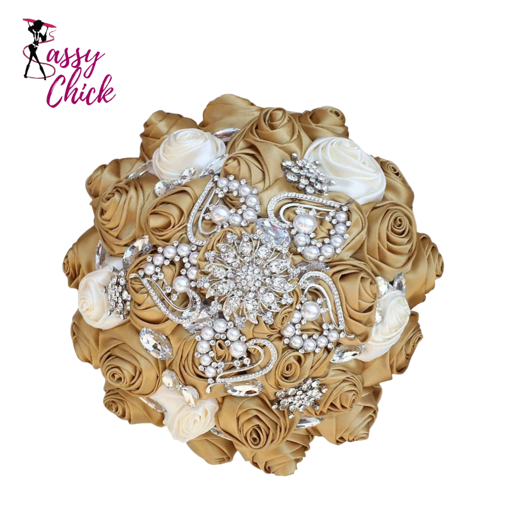 Gold Bridal Satin Rose Artificial Flowers Wedding Bouquet Sassy Chick Logo