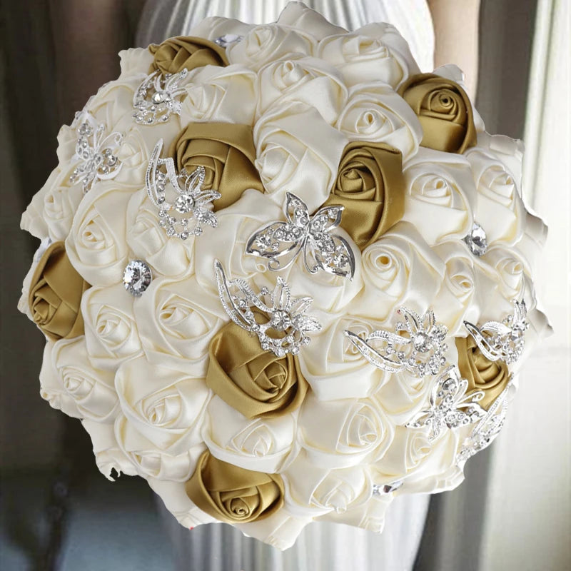Gold Bridal Satin Rose Artificial Flowers Wedding Bouquet