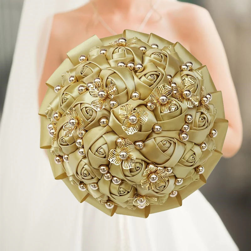 Gold Bridal Satin Rose Artificial Flowers Wedding Bouquet