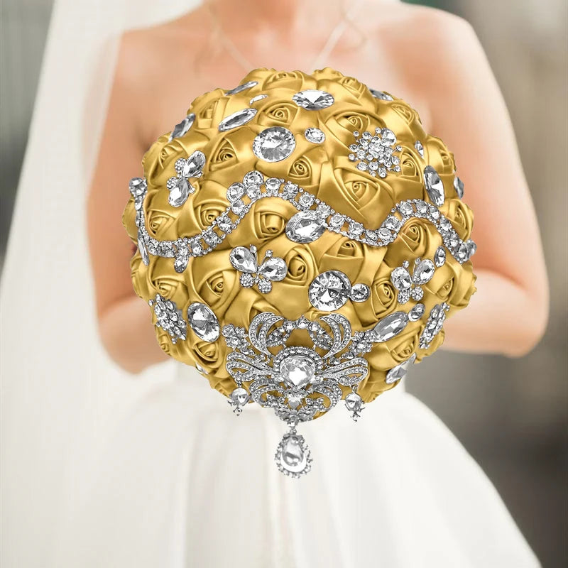 Gold Bridal Satin Rose Artificial Flowers Wedding Bouquet