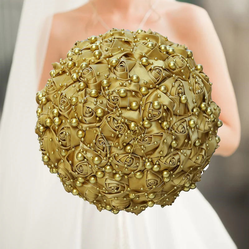 Gold Bridal Satin Rose Artificial Flowers Wedding Bouquet