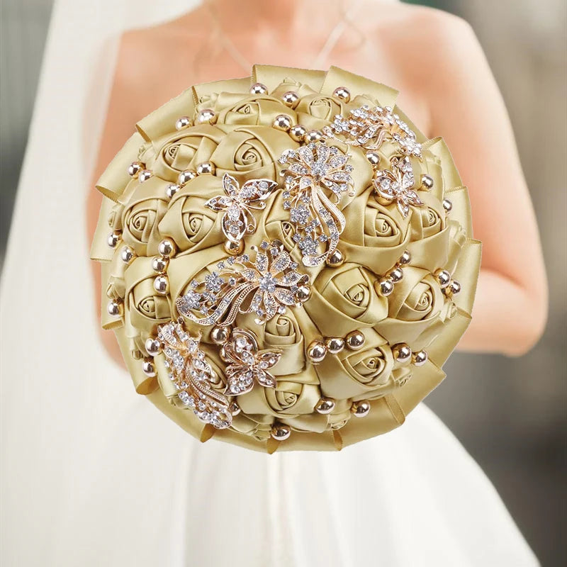 Gold Bridal Satin Rose Artificial Flowers Wedding Bouquet