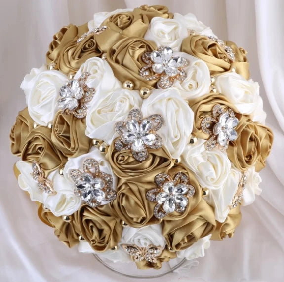 Gold Bridal Satin Rose Artificial Flowers Wedding Bouquet