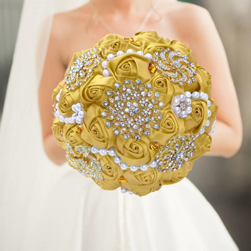 Gold Bridal Satin Rose Artificial Flowers Wedding Bouquet