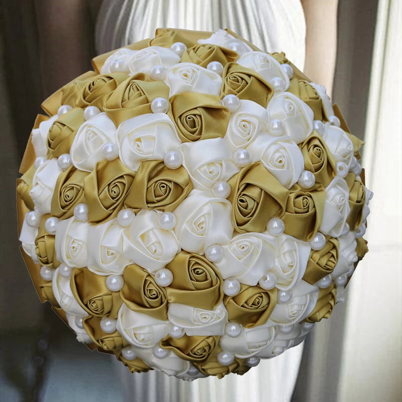 Gold Bridal Satin Rose Artificial Flowers Wedding Bouquet