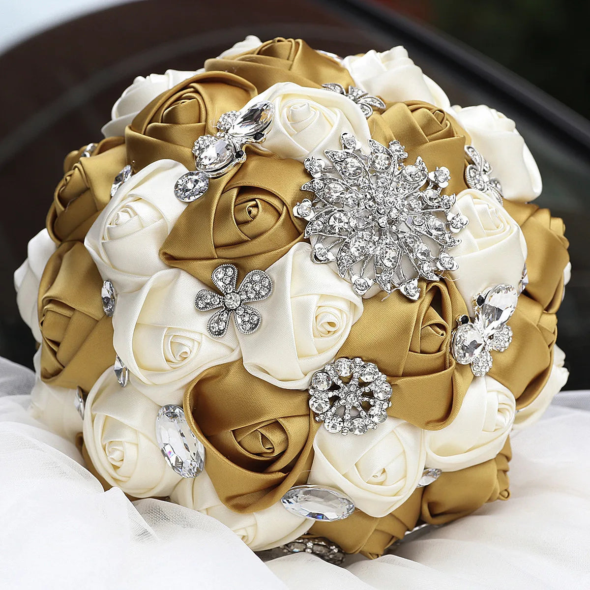 Gold Bridal Satin Rose Artificial Flowers Wedding Bouquet