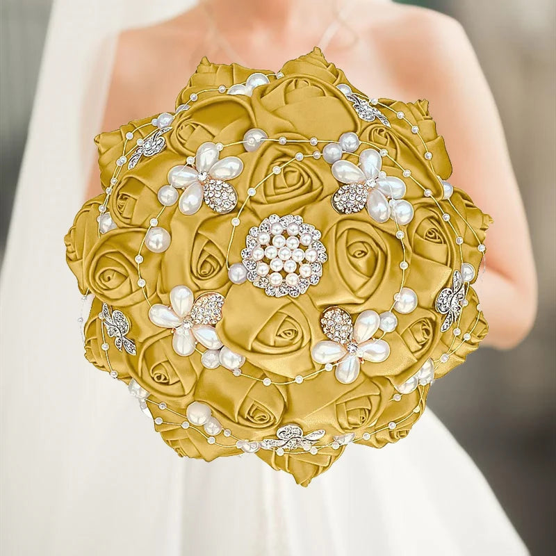 Gold Bridal Satin Rose Artificial Flowers Wedding Bouquet