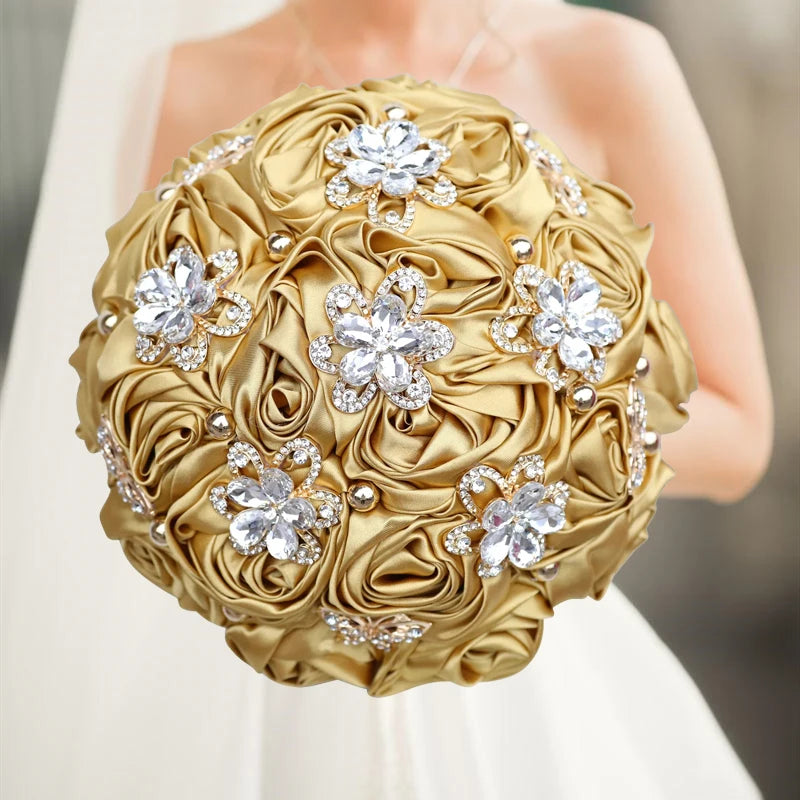Gold Bridal Satin Rose Artificial Flowers Wedding Bouquet