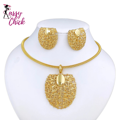 Gold Color Unique Choker Pendant Earrings Jewelry Set Sassy Chick Logo