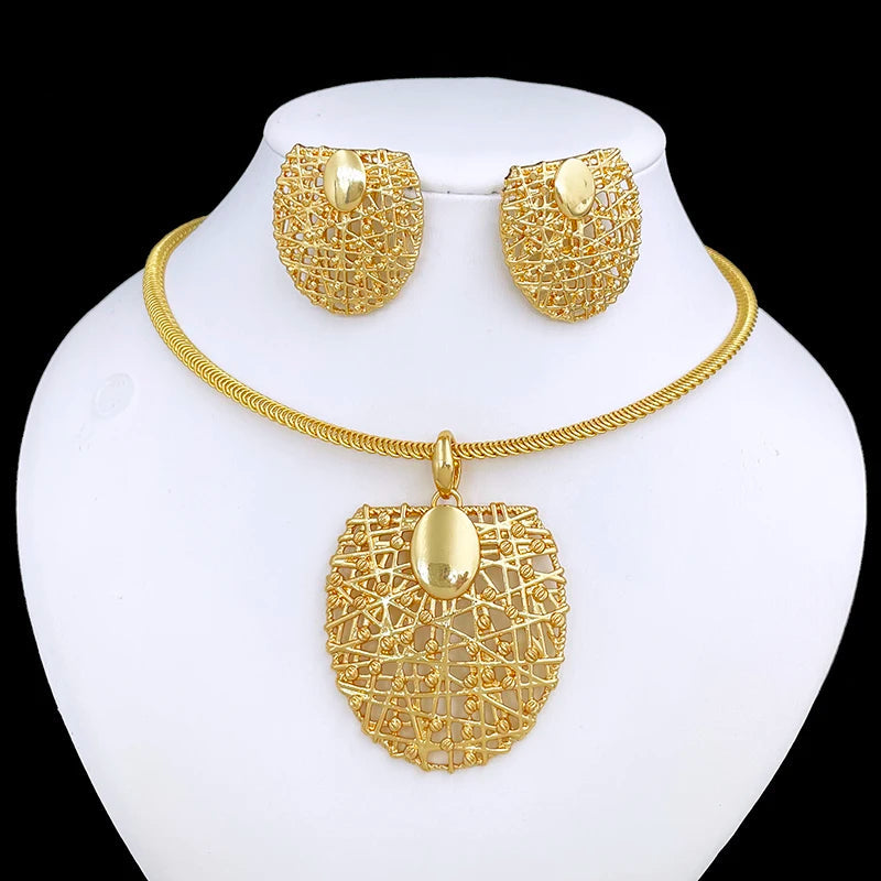 Gold Color Unique Choker Pendant Earrings Jewelry Set