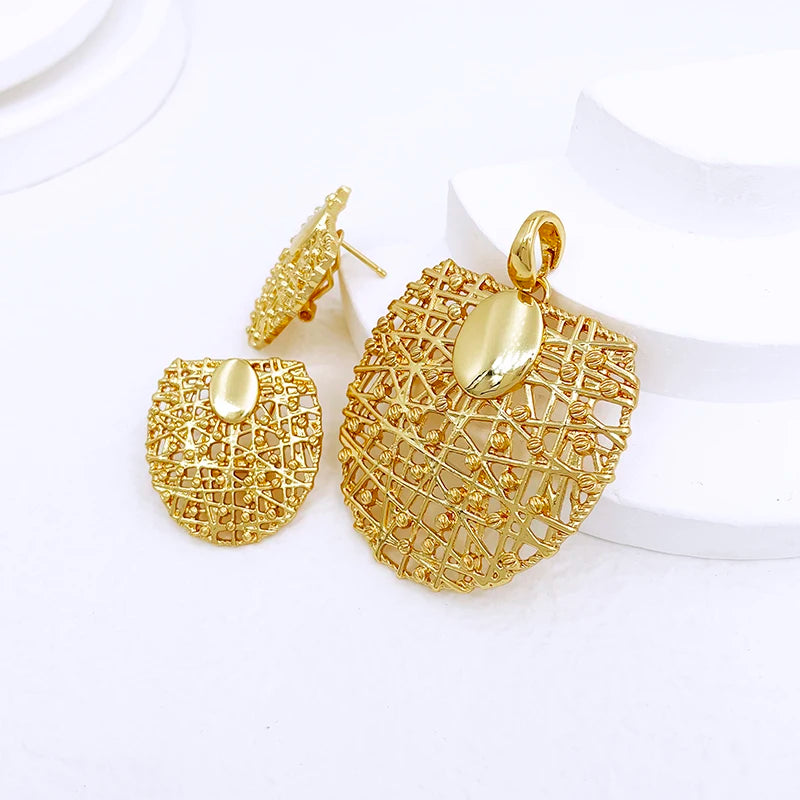 Gold Color Unique Choker Pendant Earrings Jewelry Set