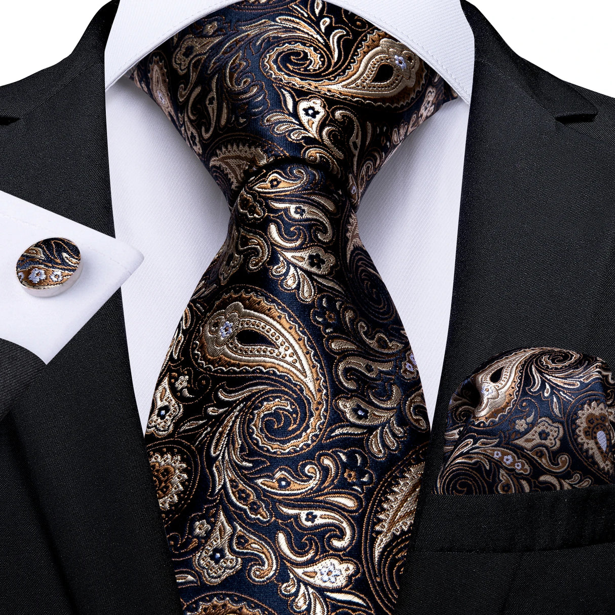 gold black floral pattern tie set