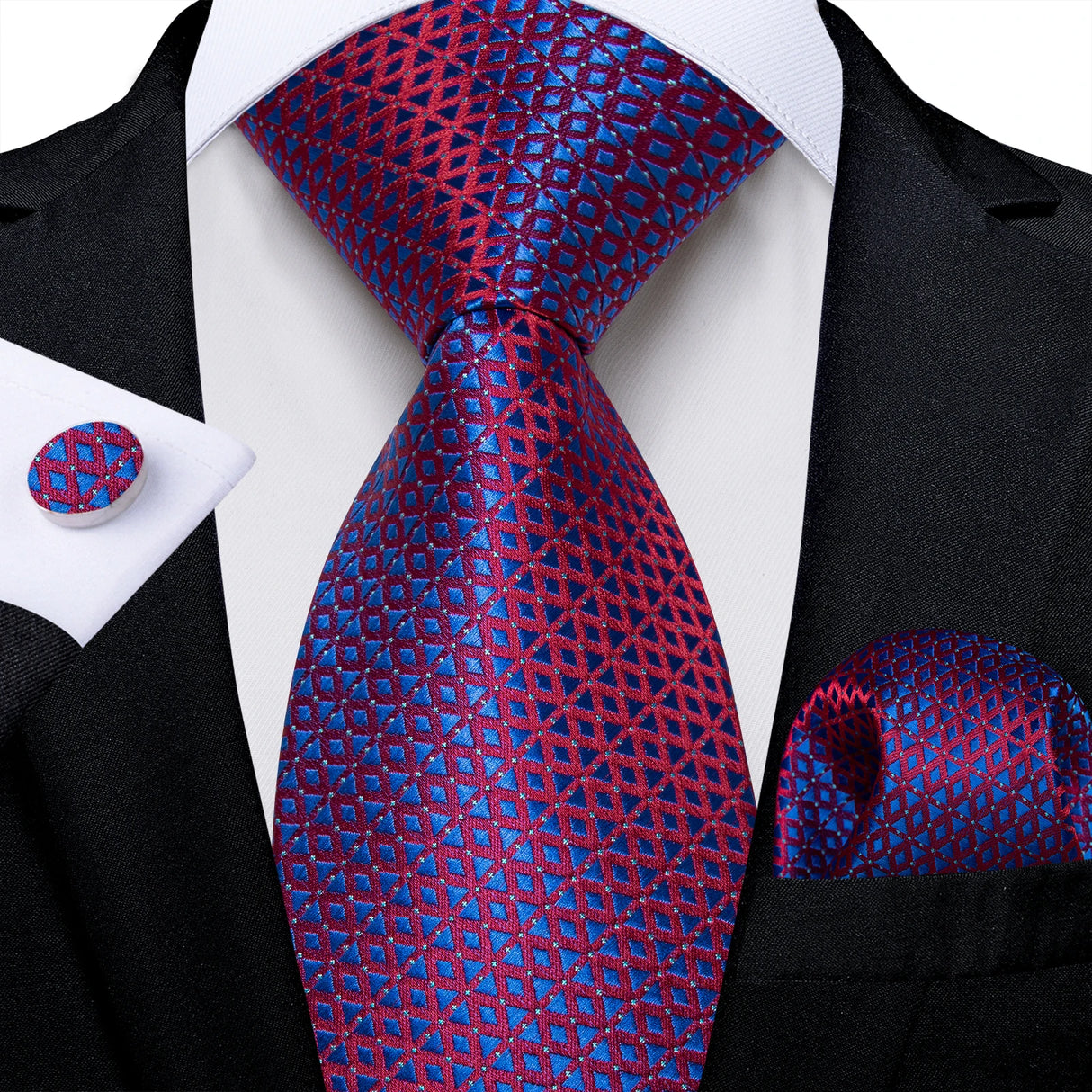 blue red geometric pattern tie set