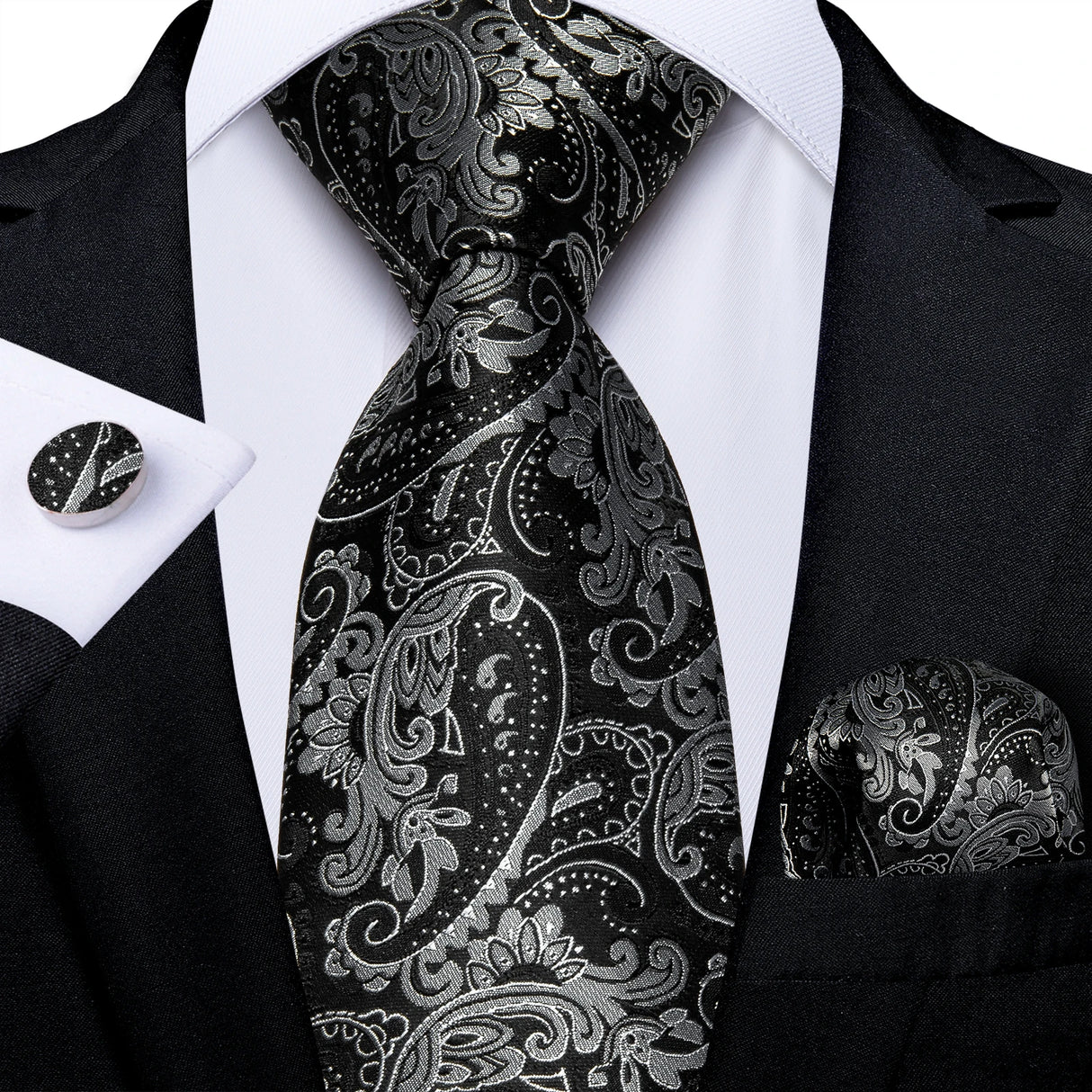 black silver floral pattern tie set