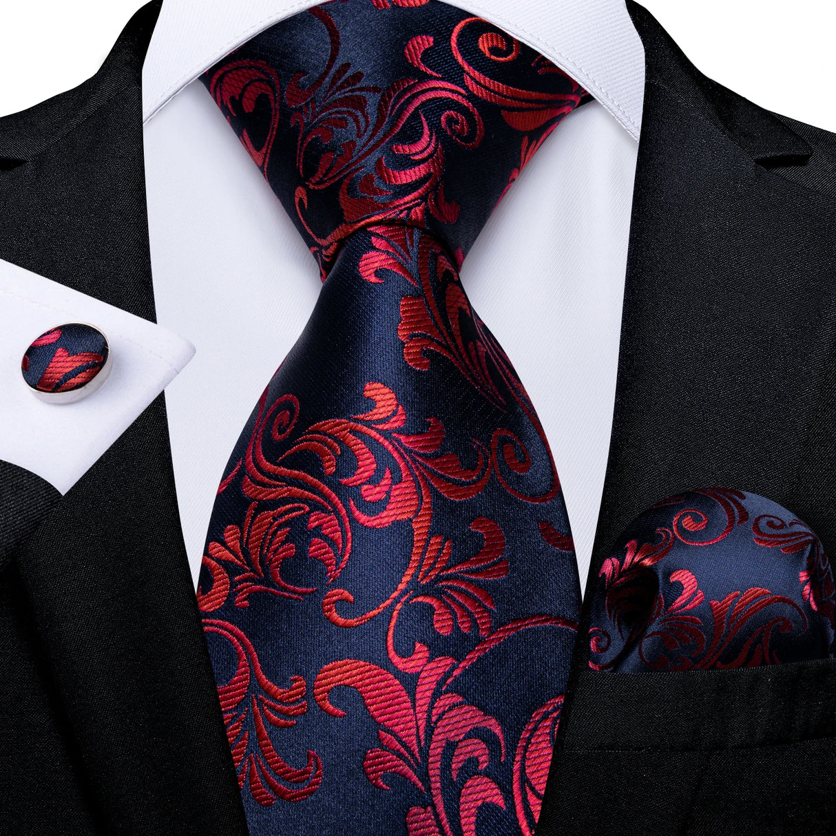 blue red floral pattern tie set