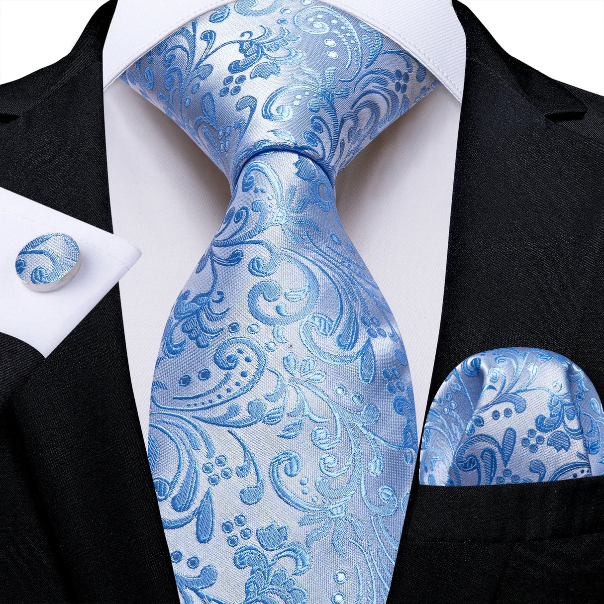 light blue floral pattern tie set