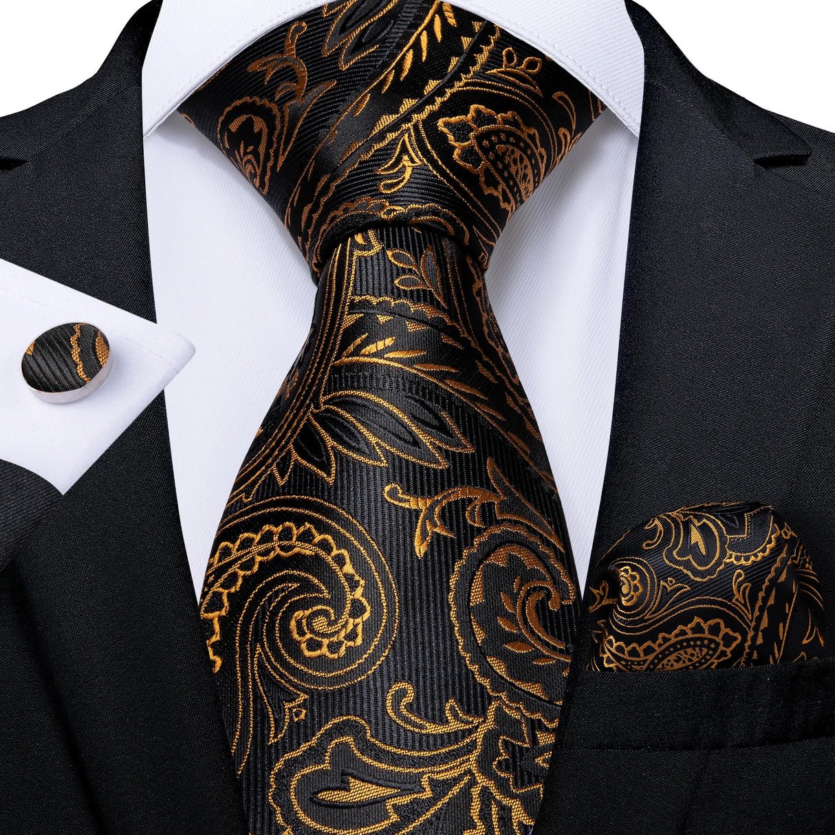 black gold floral pattern tie set