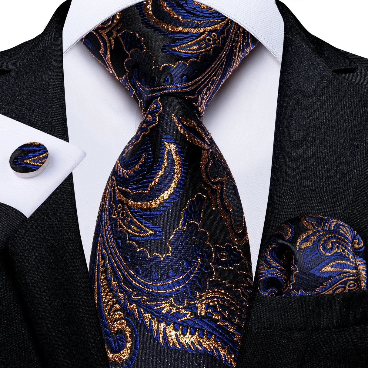 black blue gold paisley tie set