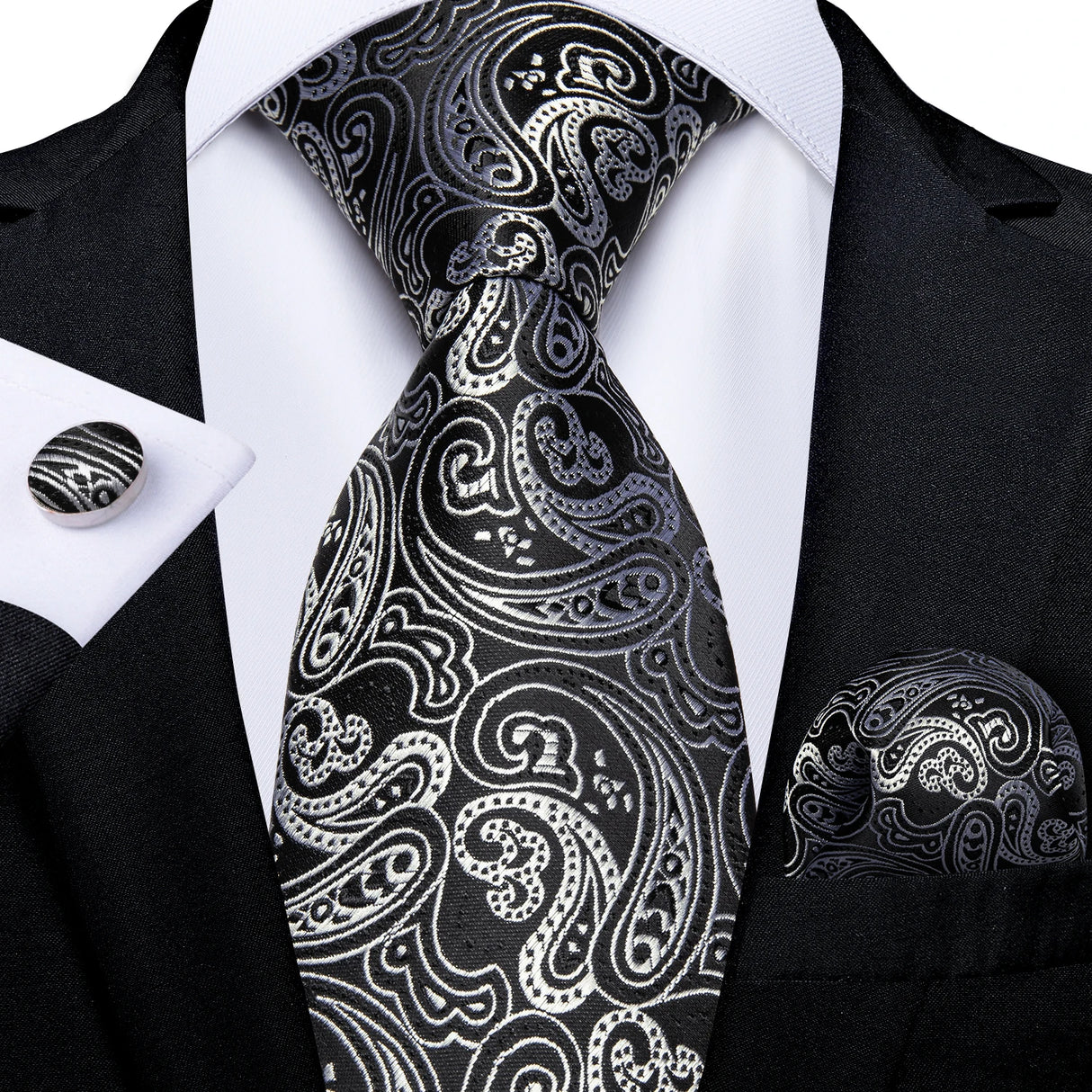 black silver paisley tie set