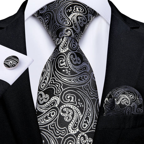 black silver paisley tie set