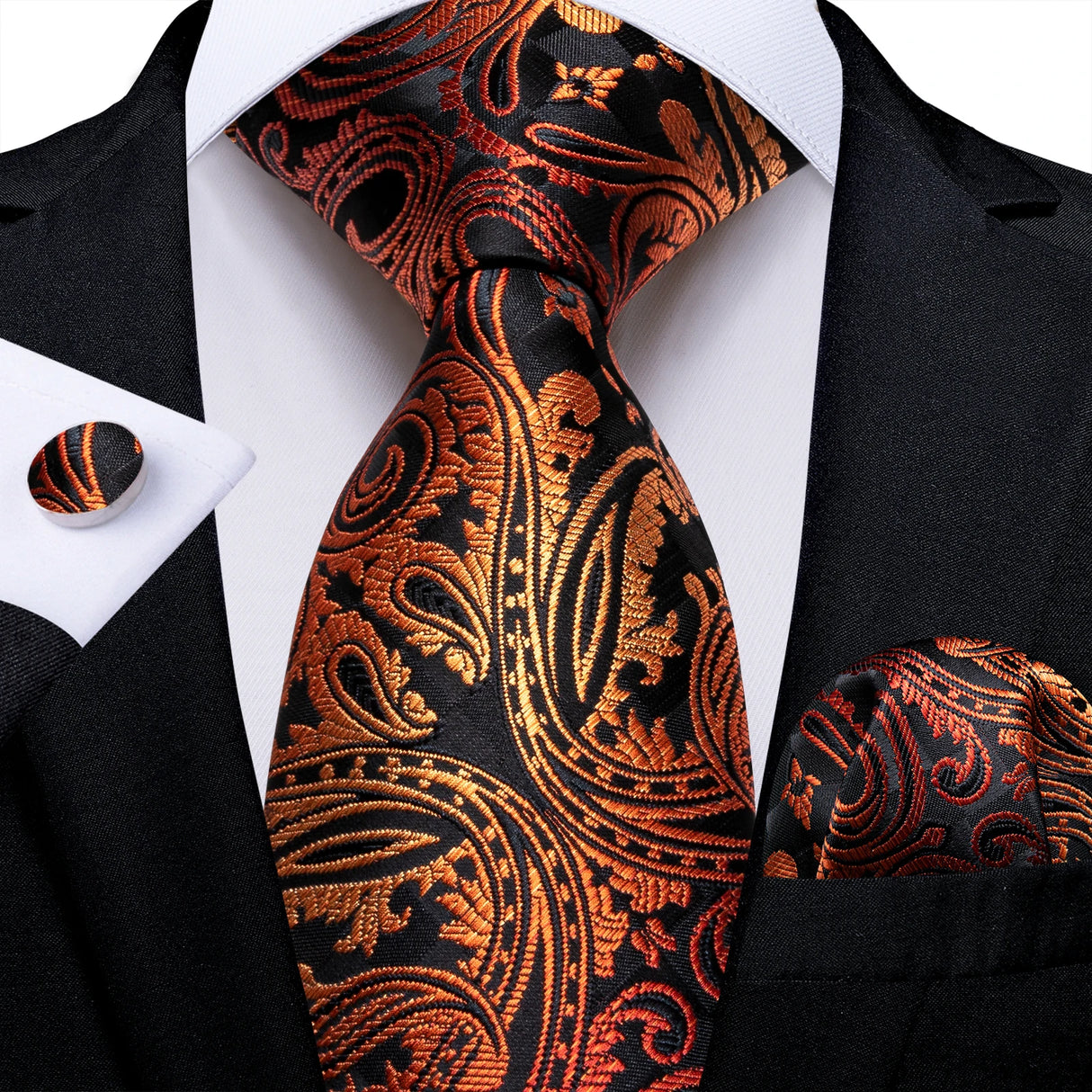 black orange paisley tie set