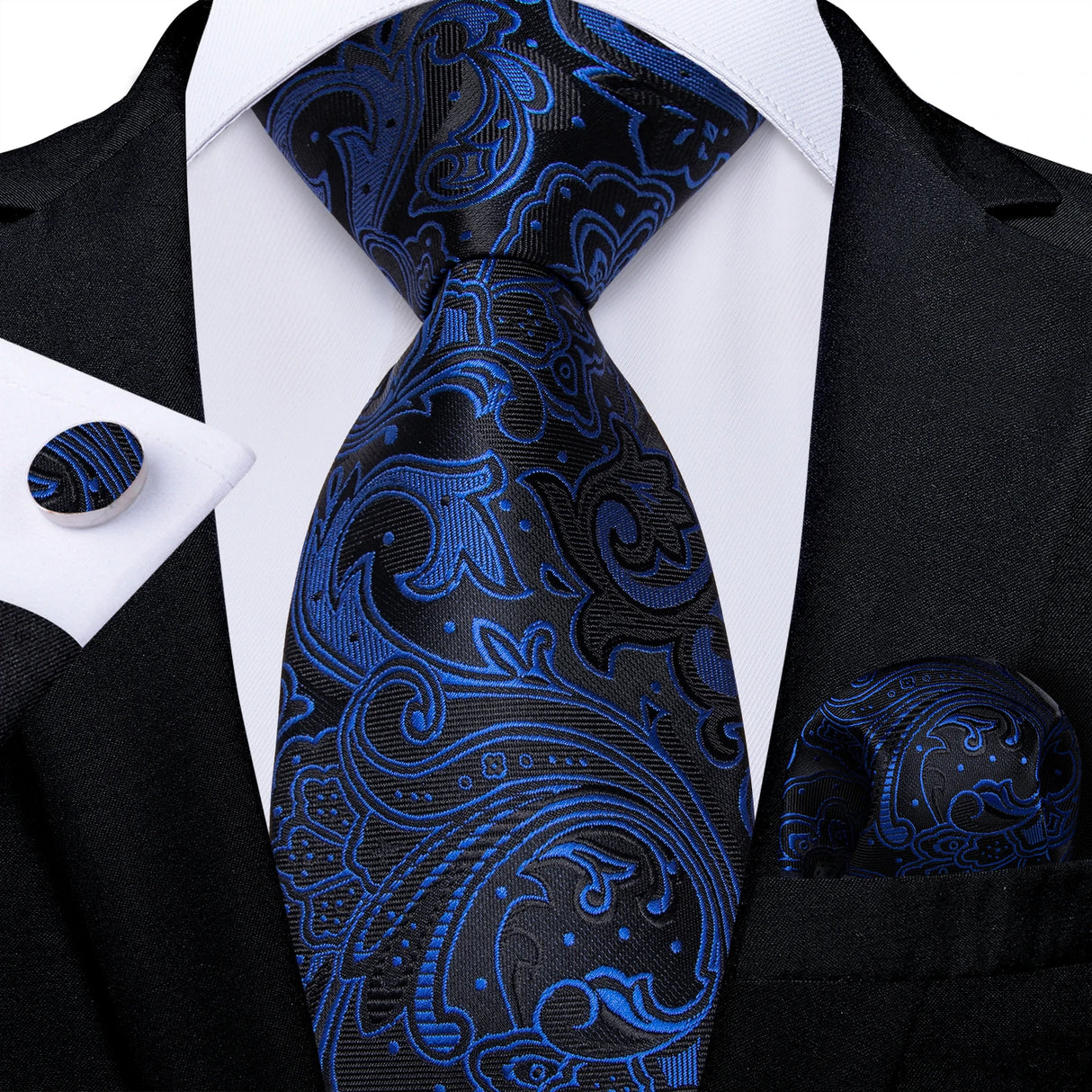 black blue floral pattern tie set