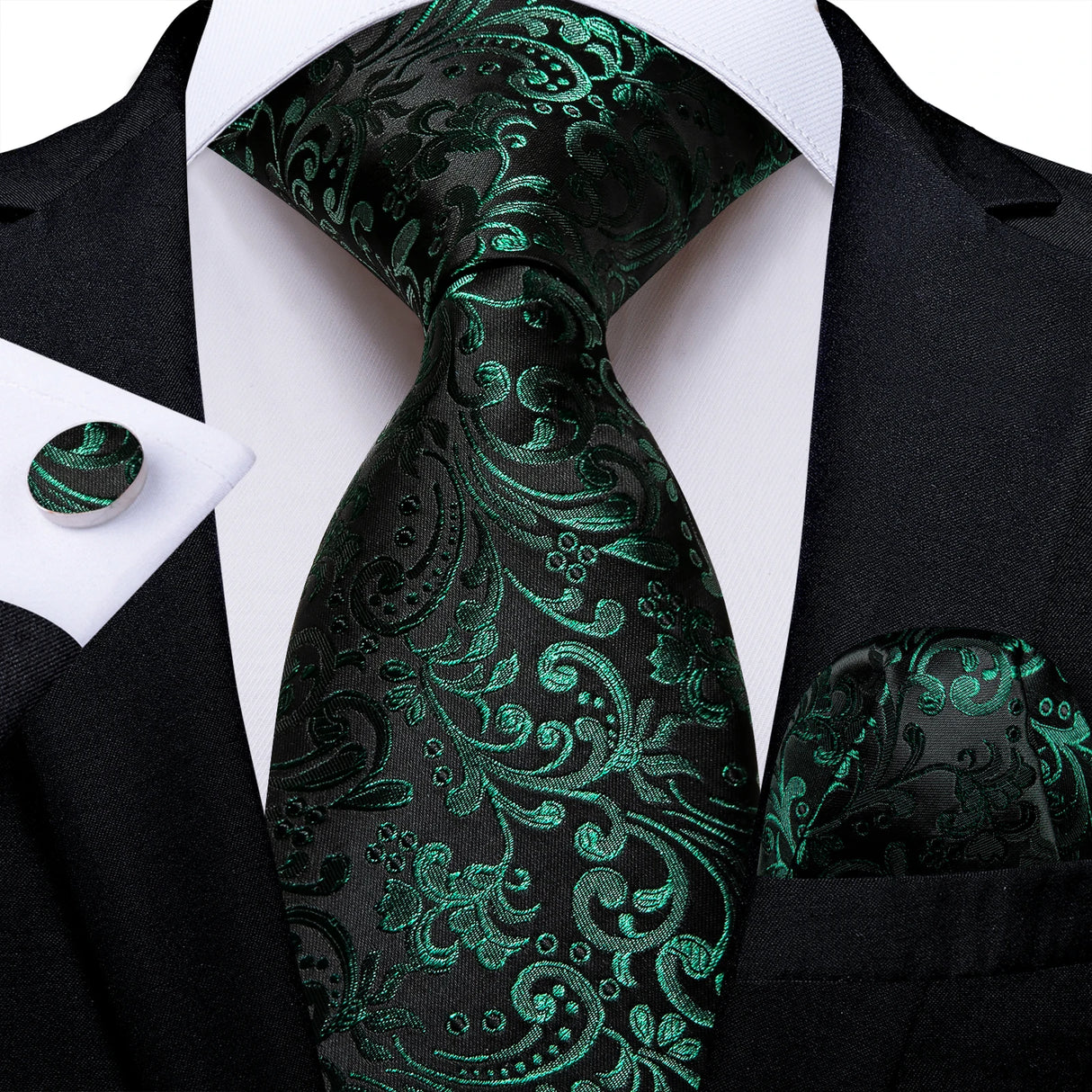 black green floral pattern tie set