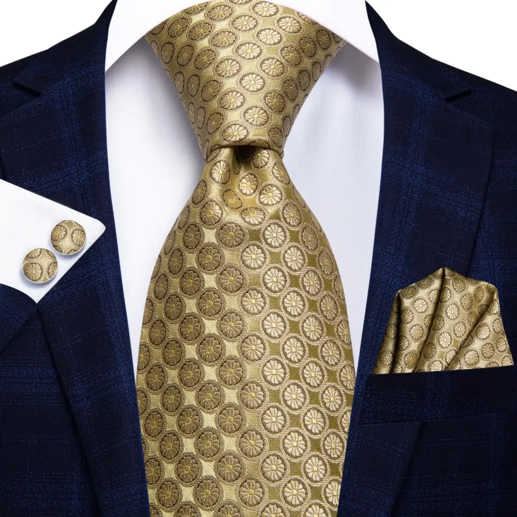 Gold Solid Silk Hanky Cufflink Men Necktie