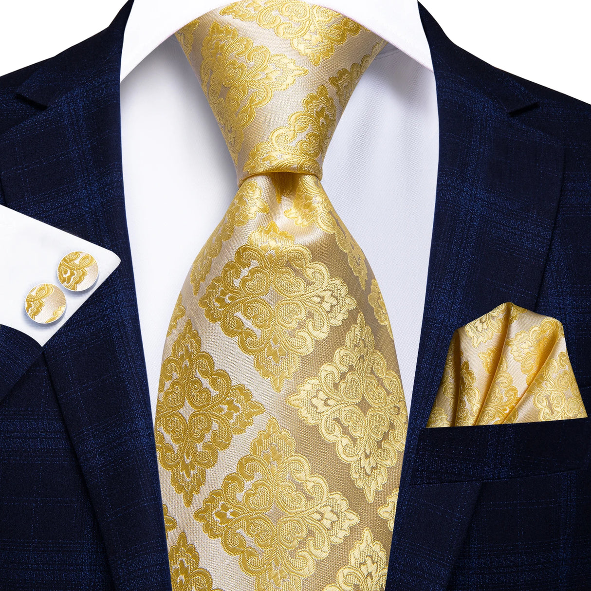 Gold Solid Silk Hanky Cufflink Men Necktie
