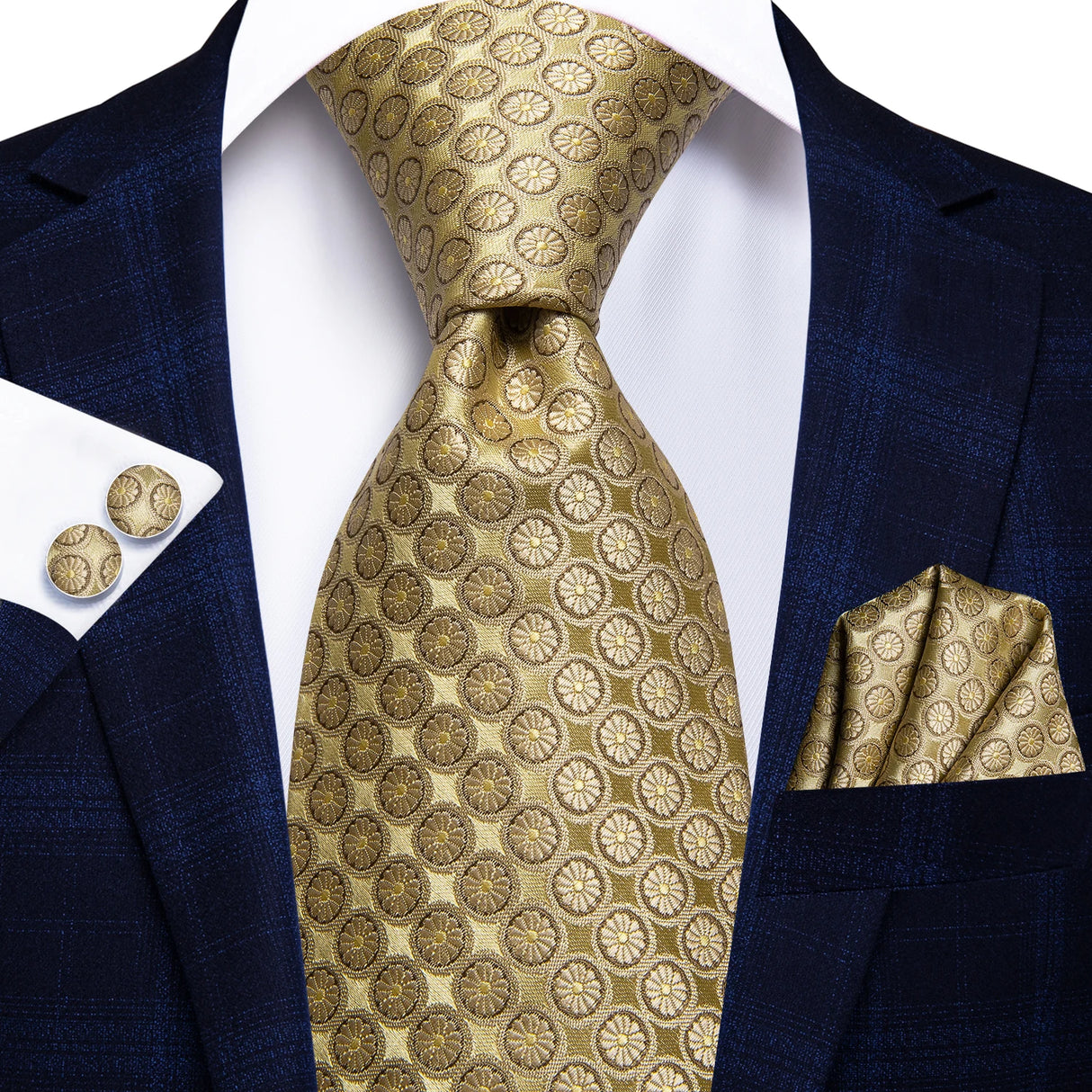 Gold Solid Silk Hanky Cufflink Men Necktie