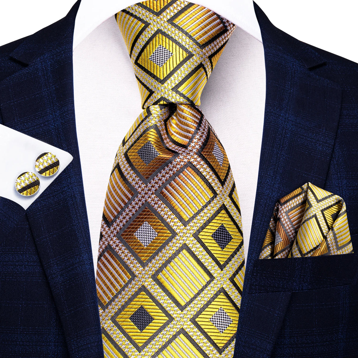 Gold Solid Silk Hanky Cufflink Men Necktie