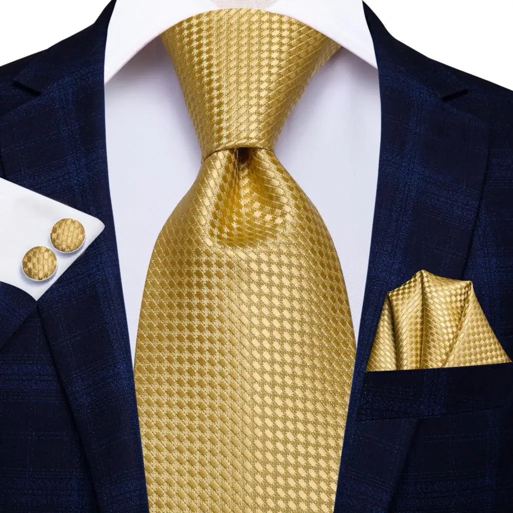 Gold Solid Silk Hanky Cufflink Men Necktie