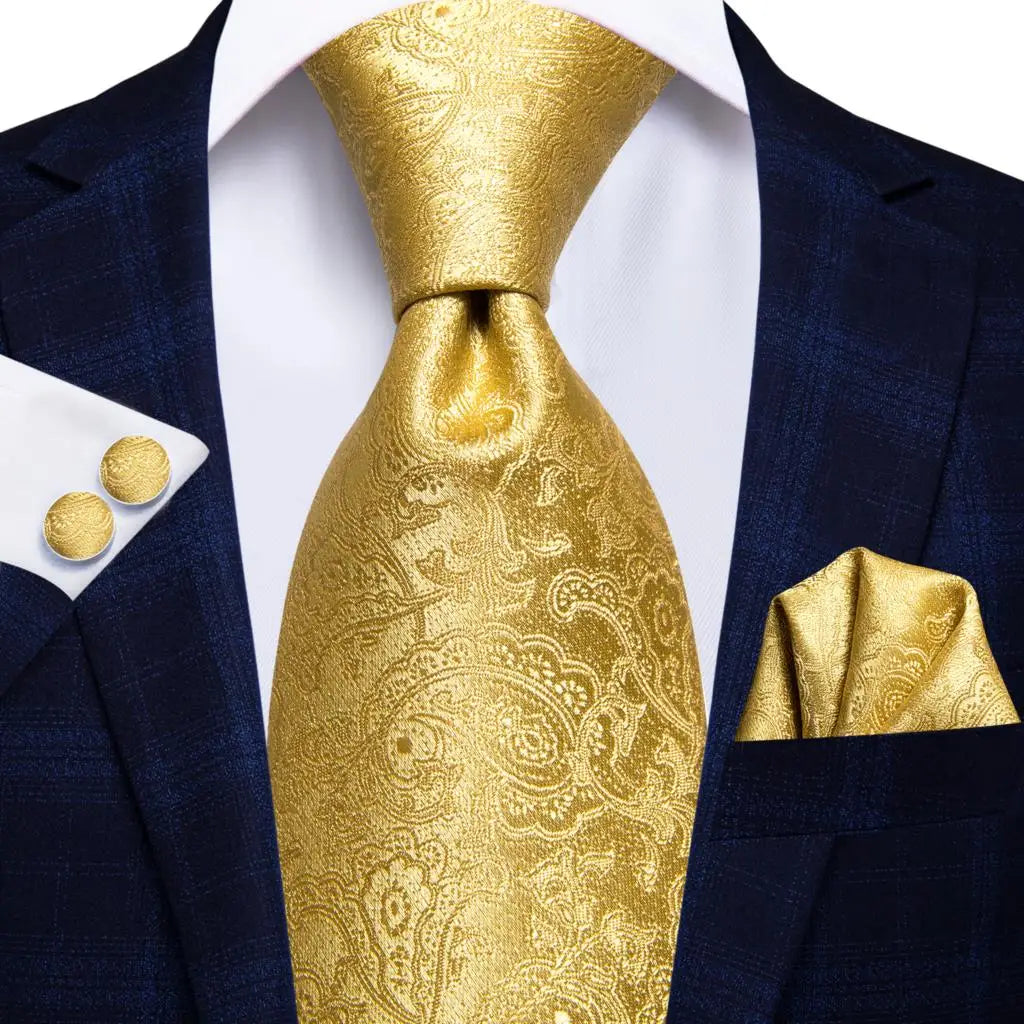 Gold Solid Silk Hanky Cufflink Men Necktie