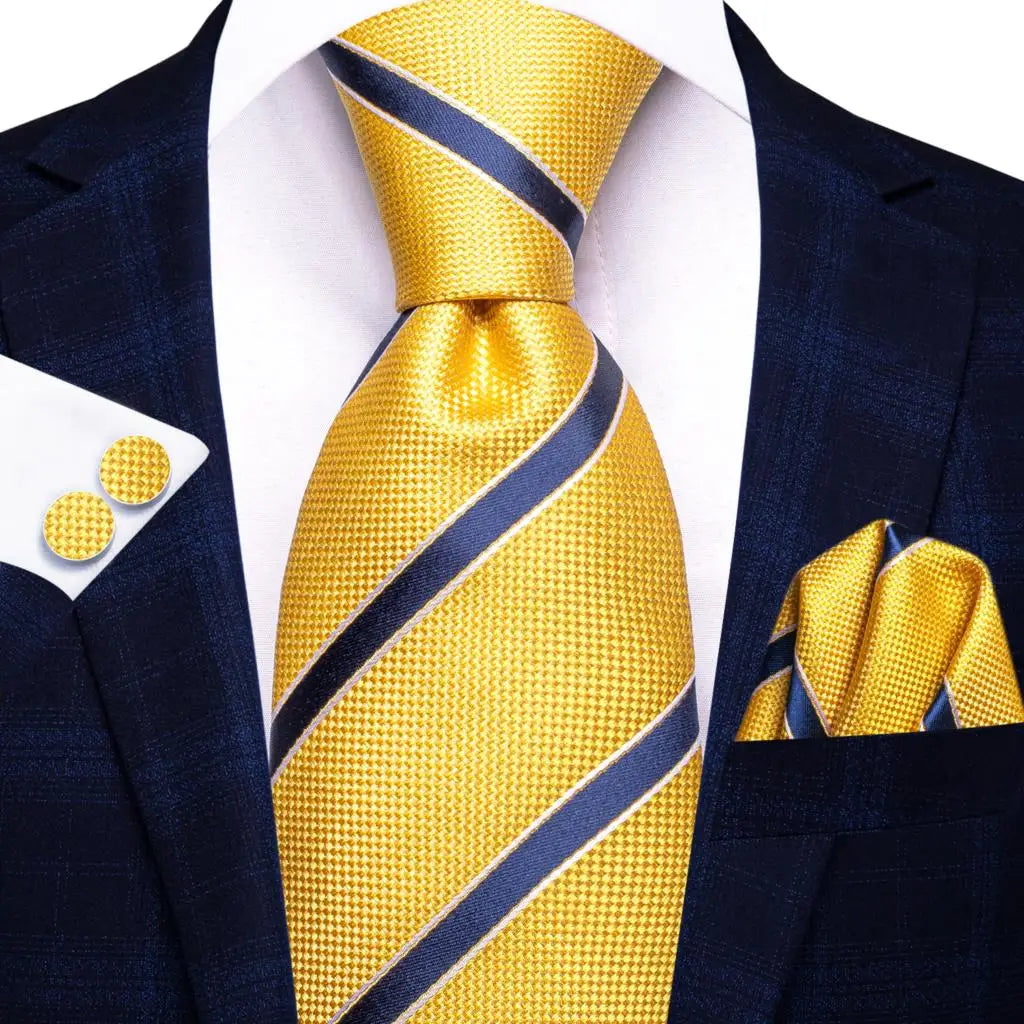 Gold Solid Silk Hanky Cufflink Men Necktie