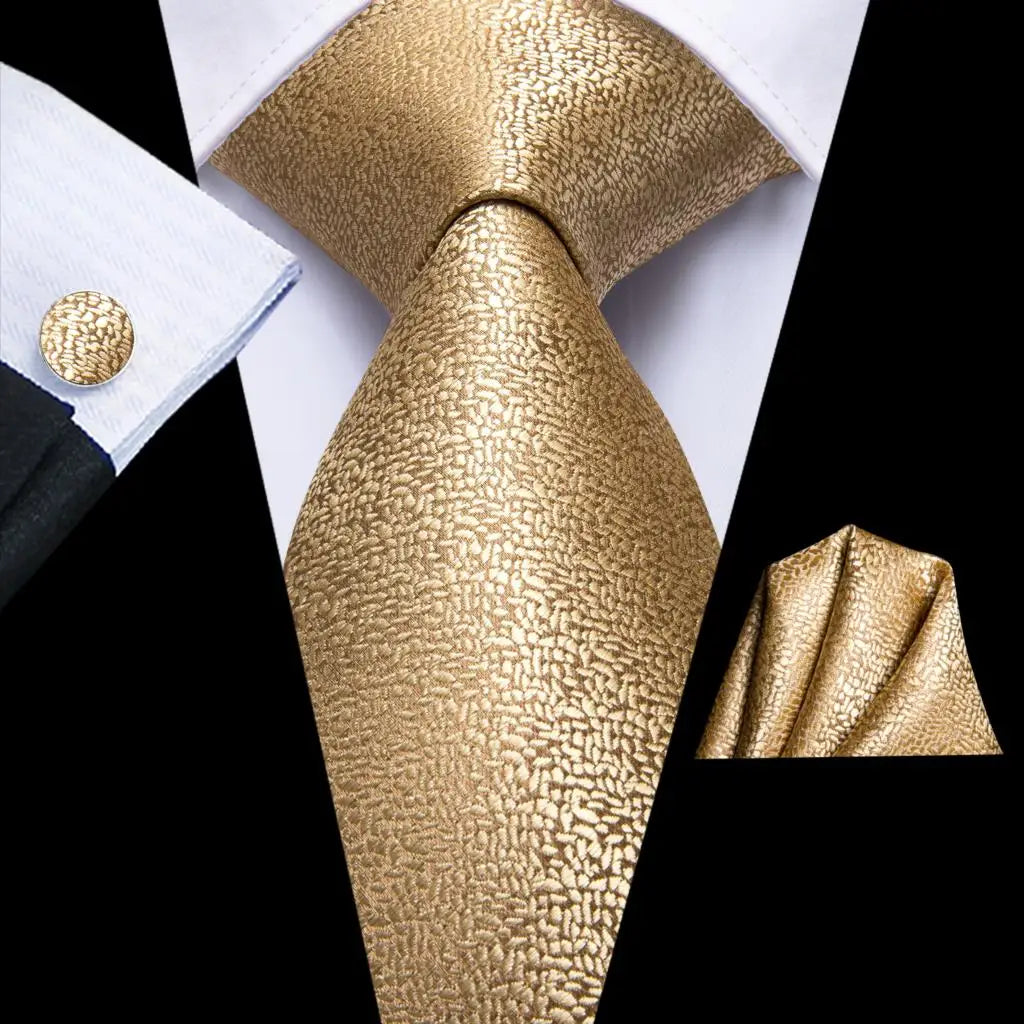 Gold Solid Silk Hanky Cufflink Men Necktie