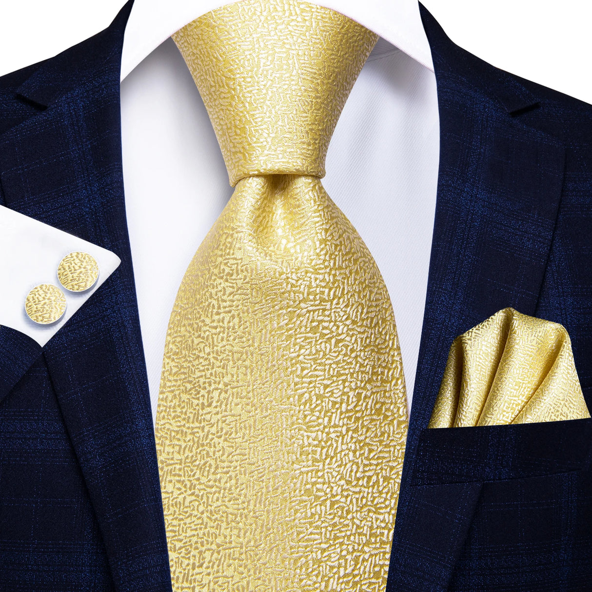 Gold Solid Silk Hanky Cufflink Men Necktie