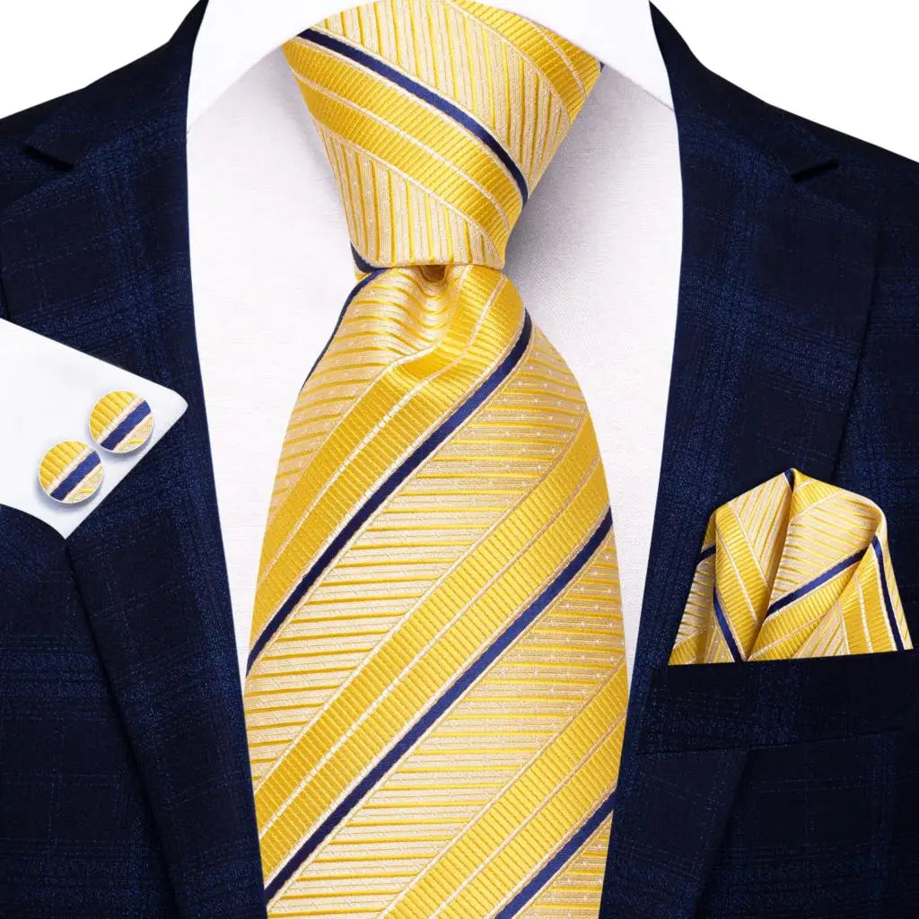 Gold Solid Silk Hanky Cufflink Men Necktie