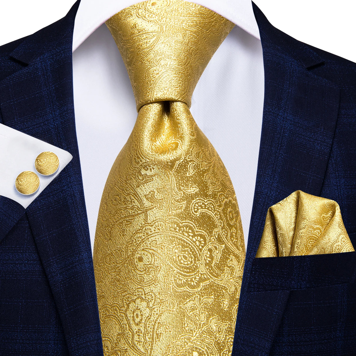 Gold Solid Silk Hanky Cufflink Men Necktie