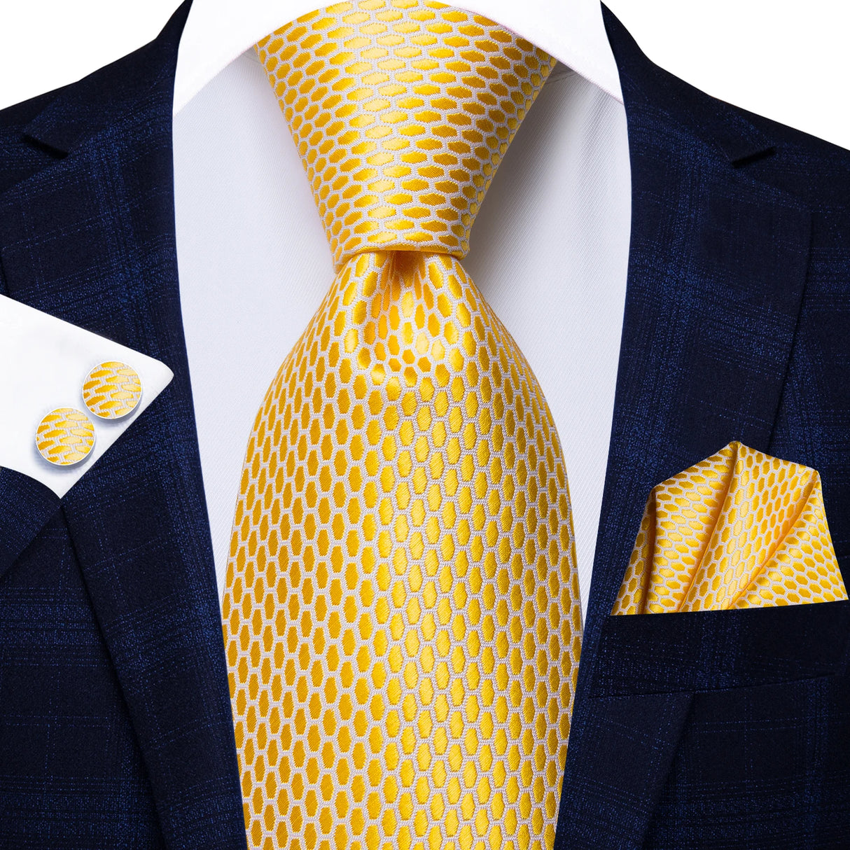 Gold Solid Silk Hanky Cufflink Men Necktie